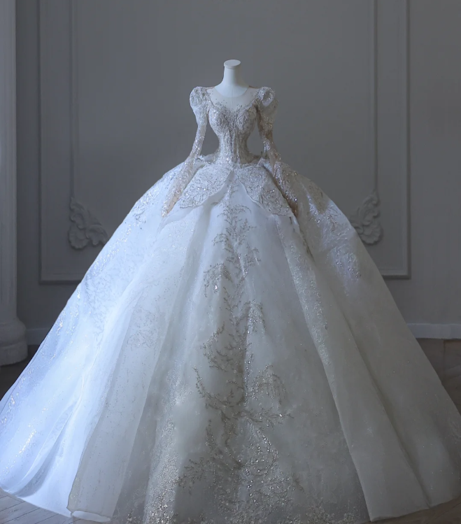 French Palace Luxury White Long Sleeve Sequined Tulle Floor-Length Wedding Dress P2591