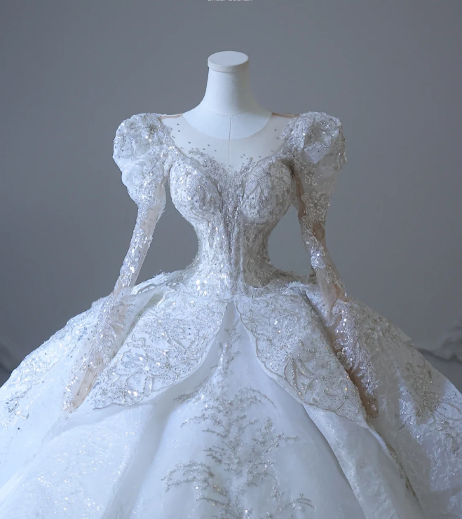 French Palace Luxury White Long Sleeve Sequined Tulle Floor-Length Wedding Dress P2591