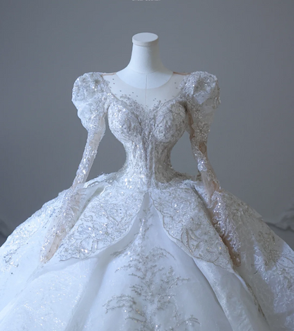 French Palace Luxury White Long Sleeve Sequined Tulle Floor-Length Wedding Dress P2591
