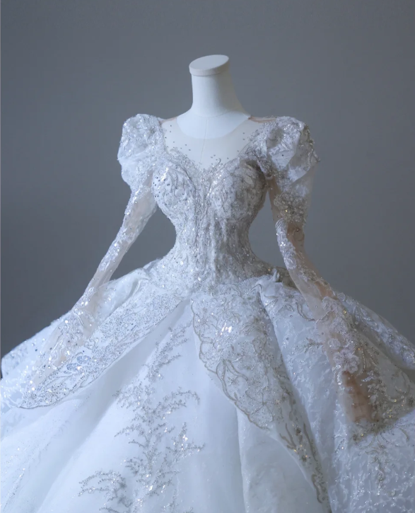 French Palace Luxury White Long Sleeve Sequined Tulle Floor-Length Wedding Dress P2591