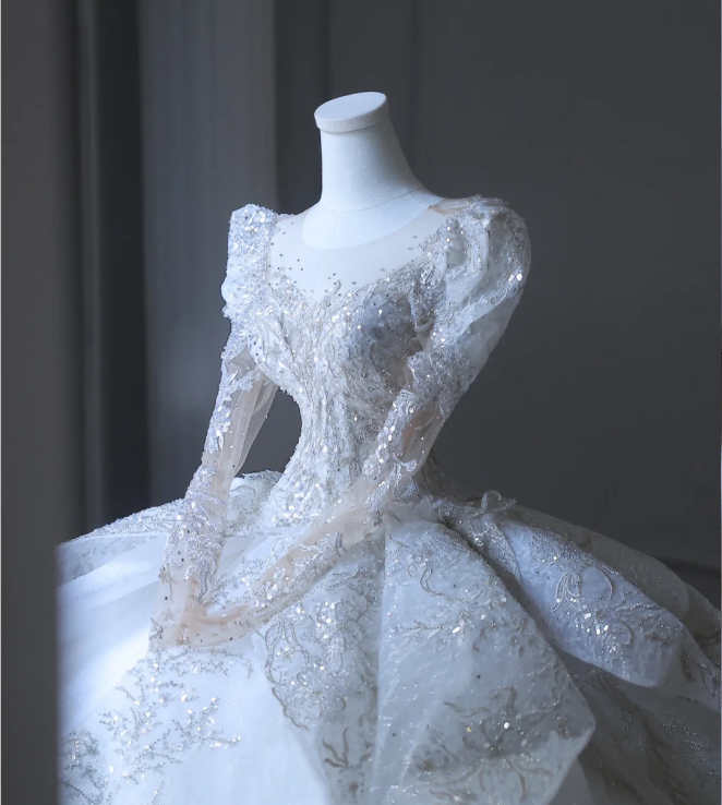 French Palace Luxury White Long Sleeve Sequined Tulle Floor-Length Wedding Dress P2591