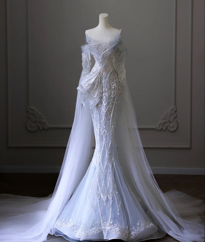 Blue Luxury Sequin Beaded Mermaid Tulle Wedding Dress with Train P2592