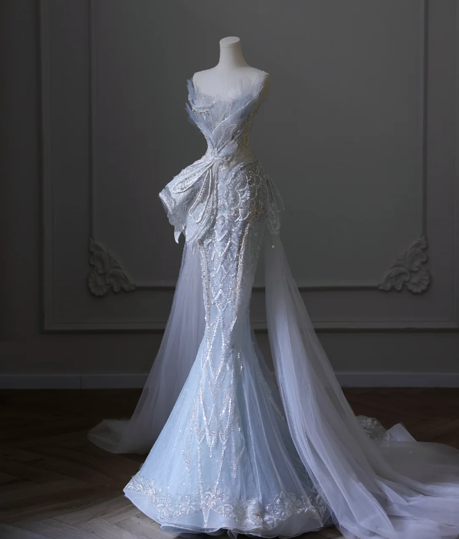 Blue Luxury Sequin Beaded Mermaid Tulle Wedding Dress with Train P2592