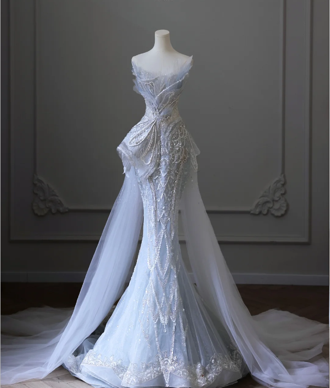 Blue Luxury Sequin Beaded Mermaid Tulle Wedding Dress with Train P2592