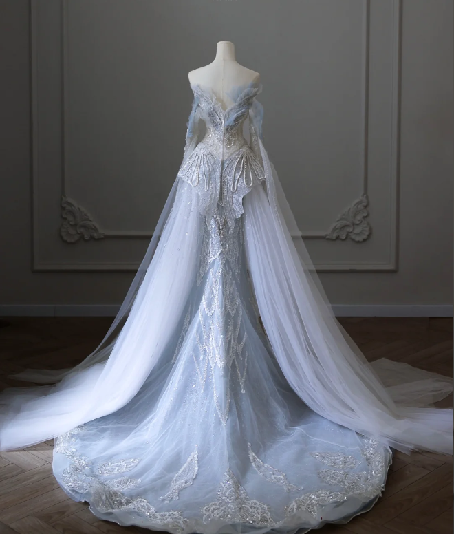 Blue Luxury Sequin Beaded Mermaid Tulle Wedding Dress with Train P2592