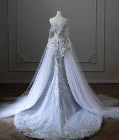 Blue Luxury Sequin Beaded Mermaid Tulle Wedding Dress with Train P2592