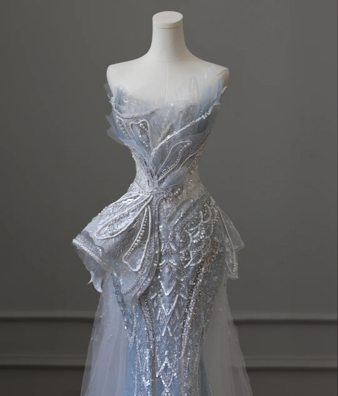 Blue Luxury Sequin Beaded Mermaid Tulle Wedding Dress with Train P2592