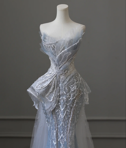 Blue Luxury Sequin Beaded Mermaid Tulle Wedding Dress with Train P2592