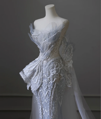 Blue Luxury Sequin Beaded Mermaid Tulle Wedding Dress with Train P2592