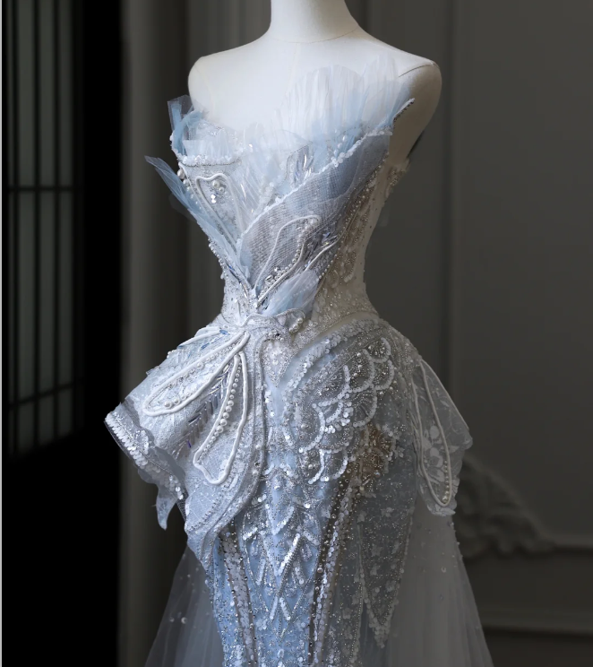 Blue Luxury Sequin Beaded Mermaid Tulle Wedding Dress with Train P2592