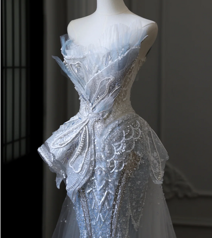 Blue Luxury Sequin Beaded Mermaid Tulle Wedding Dress with Train P2592