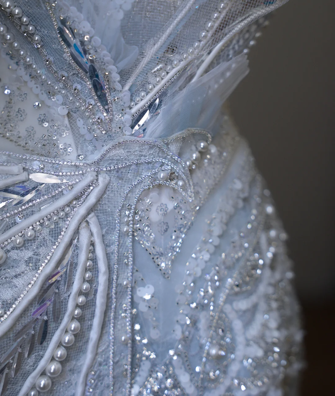 Blue Luxury Sequin Beaded Mermaid Tulle Wedding Dress with Train P2592