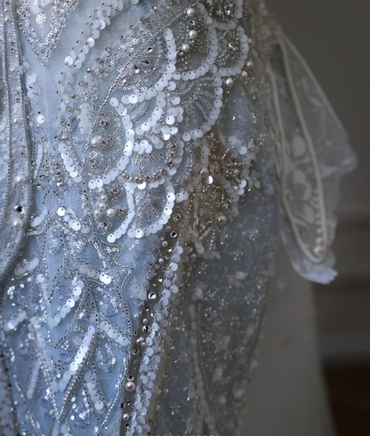 Blue Luxury Sequin Beaded Mermaid Tulle Wedding Dress with Train P2592