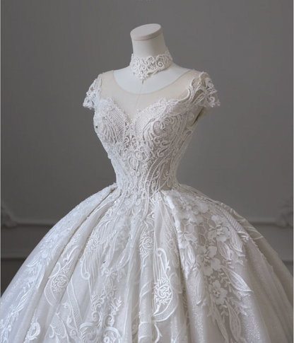 Royal French Round Neck Embroidered Princess Floor-Length Wedding Dress P2595