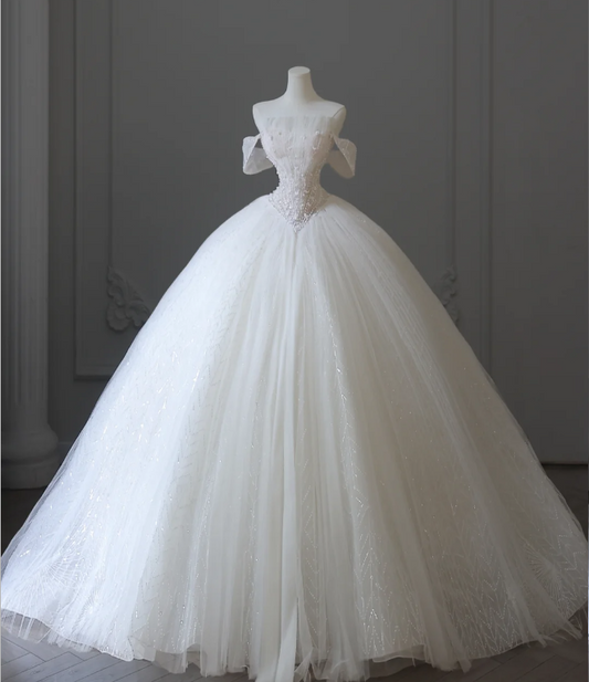 Elegant White Off-the-shoulder Beaded Tulle A-line Floor-length Wedding Dress P2596