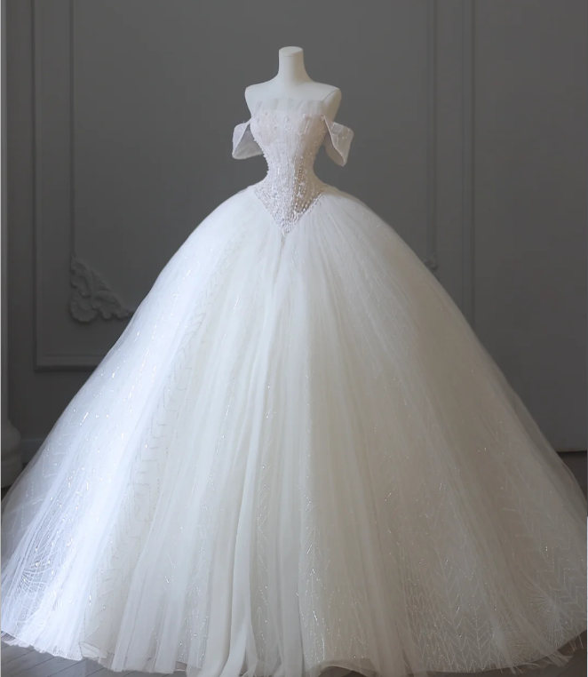 Elegant White Off-the-shoulder Beaded Tulle A-line Floor-length Wedding Dress P2596