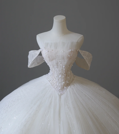 Elegant White Off-the-shoulder Beaded Tulle A-line Floor-length Wedding Dress P2596