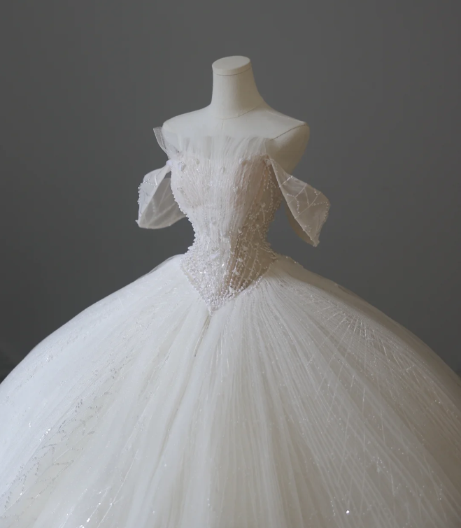 Elegant White Off-the-shoulder Beaded Tulle A-line Floor-length Wedding Dress P2596