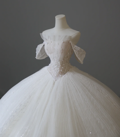 Elegant White Off-the-shoulder Beaded Tulle A-line Floor-length Wedding Dress P2596