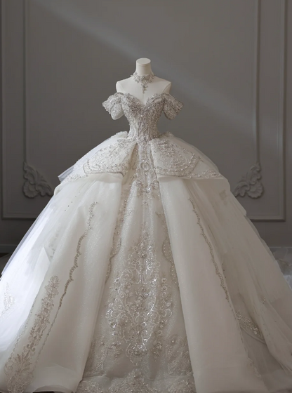 Luxury French court retro off-shoulder beaded tulle floor-length wedding dress P2598