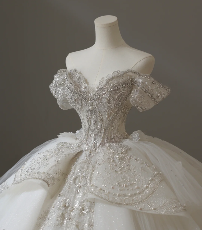 Luxury French court retro off-shoulder beaded tulle floor-length wedding dress P2598