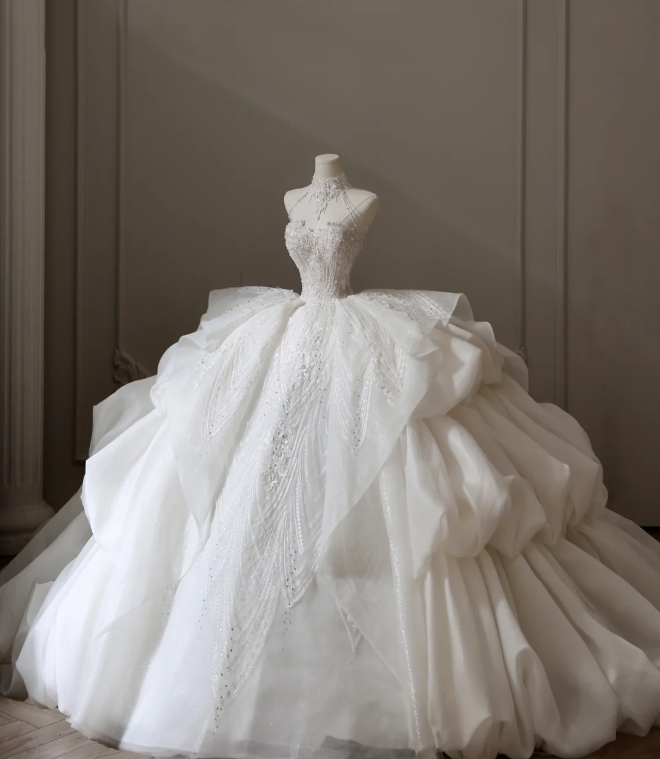 High Waist Strapless Lace Puffy Layered A-Line Floor-Length Wedding Dress P2599