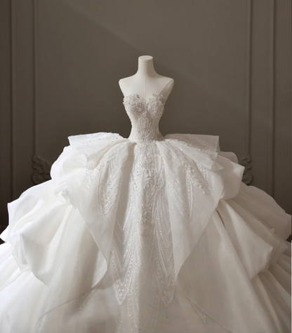 High Waist Strapless Lace Puffy Layered A-Line Floor-Length Wedding Dress P2599