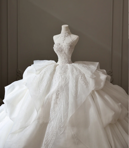 High Waist Strapless Lace Puffy Layered A-Line Floor-Length Wedding Dress P2599