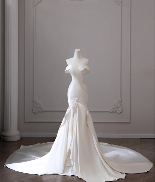 Elegant and Simple Off-the-shoulder Satin Mermaid Wedding Dress P2600