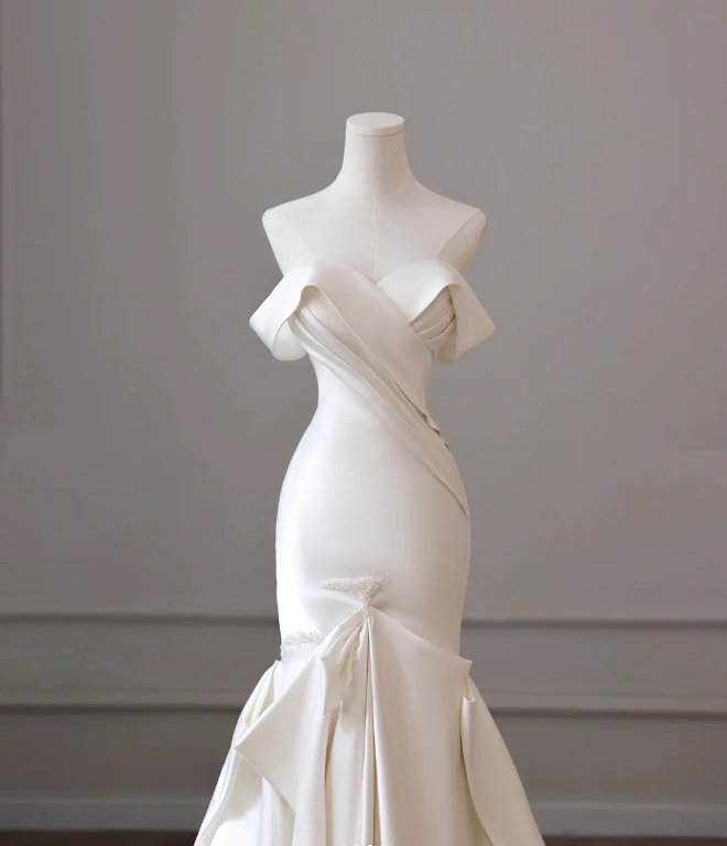 Elegant and Simple Off-the-shoulder Satin Mermaid Wedding Dress P2600