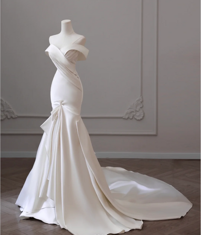 Elegant and Simple Off-the-shoulder Satin Mermaid Wedding Dress P2600