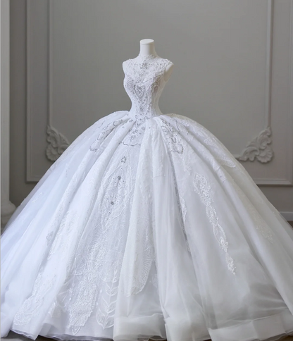 Vintage Lace Mock Neck Sleeveless Beaded Floor-Length Wedding Dress P2601