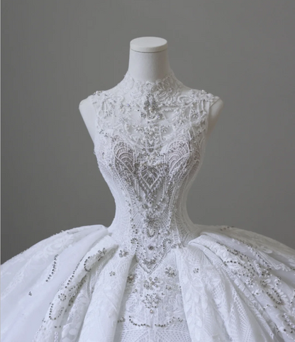 Vintage Lace Mock Neck Sleeveless Beaded Floor-Length Wedding Dress P2601