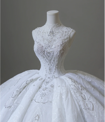 Vintage Lace Mock Neck Sleeveless Beaded Floor-Length Wedding Dress P2601