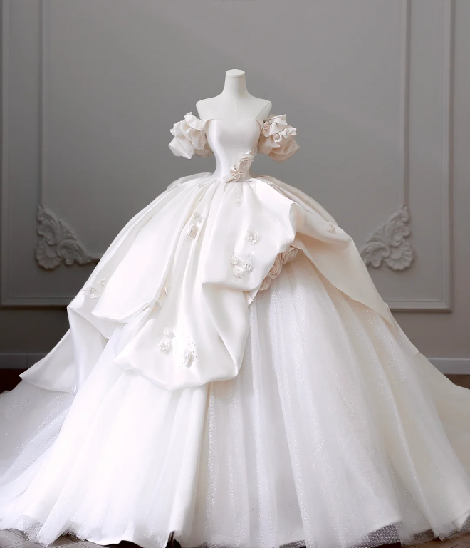 Elegant Satin 3D Flower Off Shoulder Tulle Floor Length Wedding Dress P2603