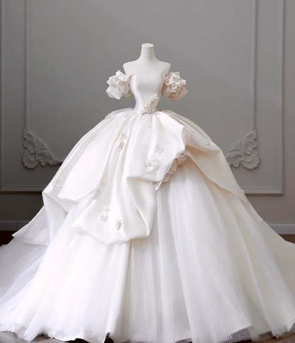 Elegant Satin 3D Flower Off Shoulder Tulle Floor Length Wedding Dress P2603