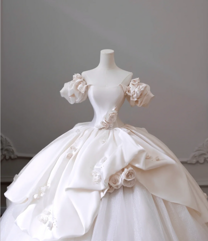 Elegant Satin 3D Flower Off Shoulder Tulle Floor Length Wedding Dress P2603