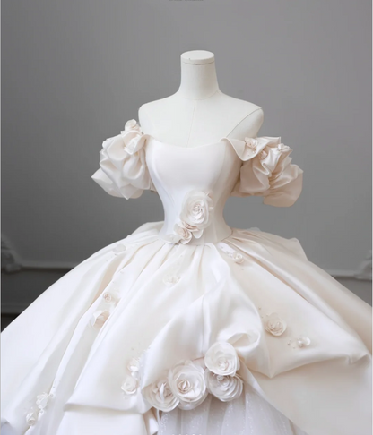 Elegant Satin 3D Flower Off Shoulder Tulle Floor Length Wedding Dress P2603
