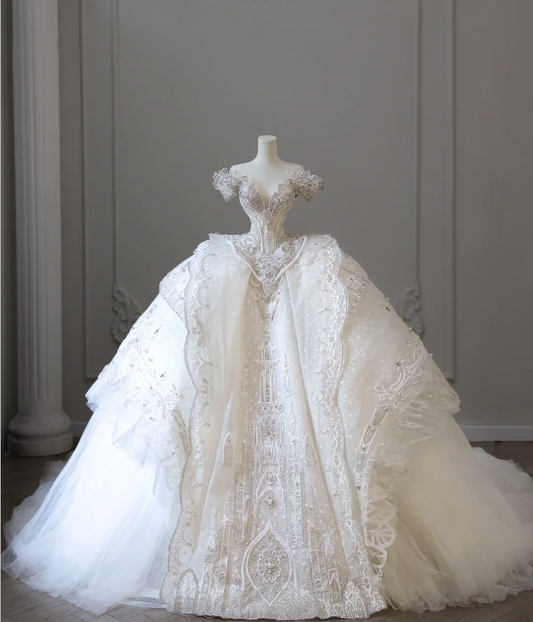 Luxury Castle White Off-the-shoulder Beaded Tulle Floor-length Wedding Dress P2605