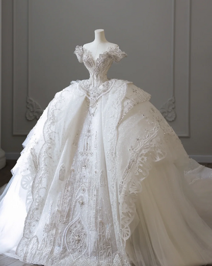 Luxury Castle White Off-the-shoulder Beaded Tulle Floor-length Wedding Dress P2605