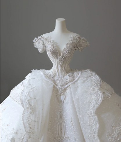 Luxury Castle White Off-the-shoulder Beaded Tulle Floor-length Wedding Dress P2605