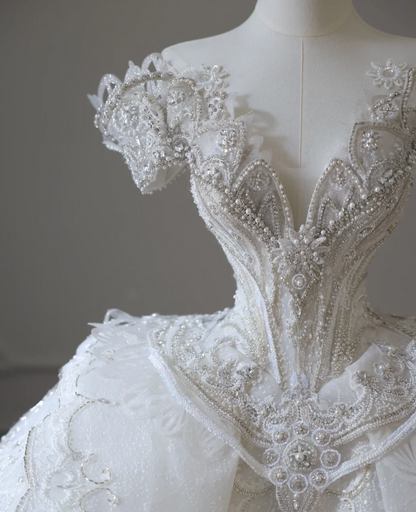 Luxury Castle White Off-the-shoulder Beaded Tulle Floor-length Wedding Dress P2605