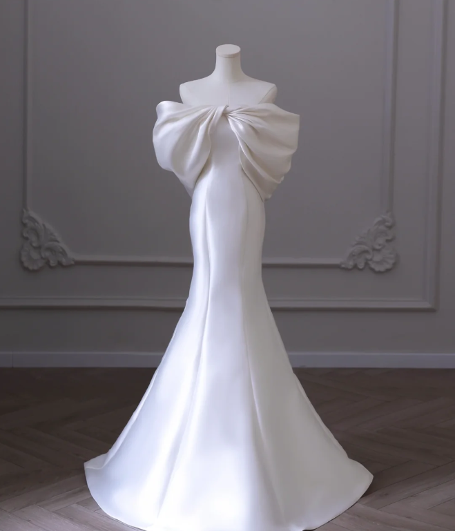 Simple White Off-the-shoulder Bow Satin Mermaid Wedding Dress P2606
