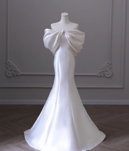 Simple White Off-the-shoulder Bow Satin Mermaid Wedding Dress P2606