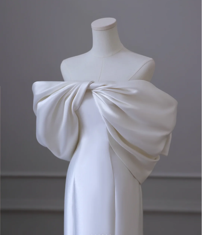 Simple White Off-the-shoulder Bow Satin Mermaid Wedding Dress P2606