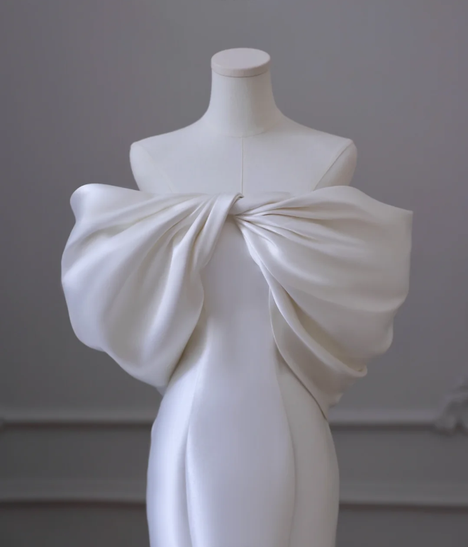 Simple White Off-the-shoulder Bow Satin Mermaid Wedding Dress P2606