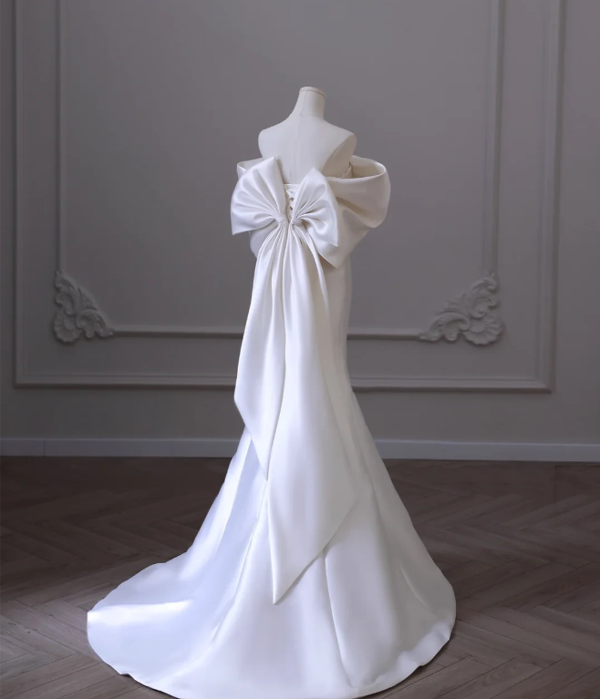 Simple White Off-the-shoulder Bow Satin Mermaid Wedding Dress P2606