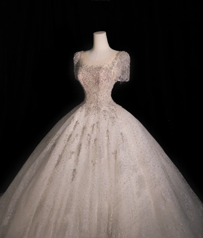 Round Neck Short Sleeve Tulle A-Line Wedding Dress with Glittering Stars P2607