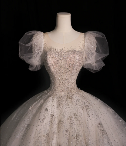 Round Neck Short Sleeve Tulle A-Line Wedding Dress with Glittering Stars P2607