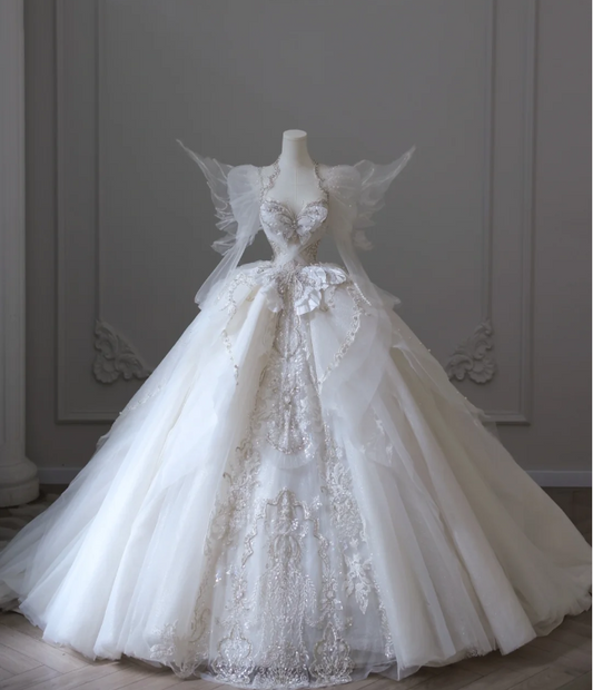 Chic Dreamy Butterfly Long Sleeve Tulle Beaded Floor-Length Princess Wedding Dress P2609